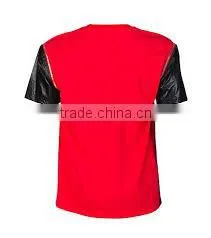 PU Sleeve and Pocket Leather t Shirt for Men/Custom Wholesale High Quality Short Sleeve Leather T Shirt for Men/BLACK LEATHER thumbnail-1