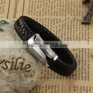 China Supplier Jewelry Silver Titanium Steel Punk Mens Rope Bangles Cow Leather Braided Cuff Bracelet thumbnail-2