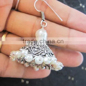 Silver Tone Jhumka Pearl Bollywood Dangler EARRINGS thumbnail-2