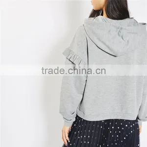 2017 Oem Spring Long Sleeves Solid Color Pretty Ruffle Grey Marl Hoodie thumbnail-3