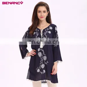 Long Flare Sleeve Contrast Embroidery Ladies Tunic Blouse With Ponpon thumbnail-1