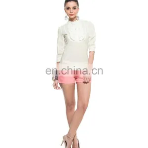 White Three-fourth Sleeves Ruffled Top Fahion Design Frilly Three-fourth Sleeves Pleated Layered Lady Blouse With Lace Trim thumbnail-3