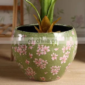 Novel Garden Supplies Flower Pattern Custom Cheap Fancy Green Unique Plants Pots Ceramic for Indoor Veranda thumbnail-5