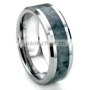Tungsten Carbide Grey Metamorphic Stone Inlay Beveled Wedding Band Ring thumbnail-1