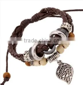 2016 Fashion Personalized Leaf Pendant Leather Bracelets, Vintage Handmade Charm Bracelets thumbnail-2
