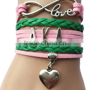 AKA Wrap Bracelet Ivy Leaf Alpha Kappaa Alpha AKA Heart Pink Green Custom Leather Bracelet thumbnail-1