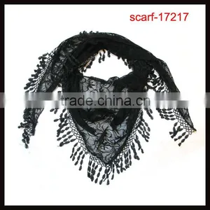 Black Lace Pattern Triangle Fringe Scarf thumbnail-1