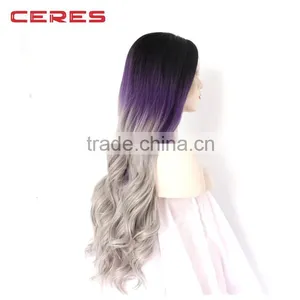 Women Synthetic Lace Front Wigs Cheap Heat Resistant Natural Wavy 3 Tones Dark Roots Purple Grey Hair Wig thumbnail-1