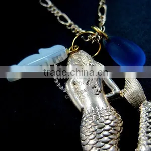 25x37mm Matte Gold Brass Mermaid Shell Sea Horse With Drop Blue Sea Glass Pendant Charm Fashion Women Necklace 6310009 thumbnail-2