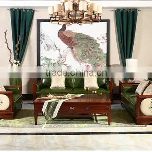 Country Style Wooden And Genuine Leather Sofa Set With Peacock Pattern, Neo Classic Living Room Set(MOQ=1 SET) thumbnail-1