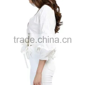 2017 New Fashion Solid Tie Belt Puff Sleeve Tops thumbnail-4