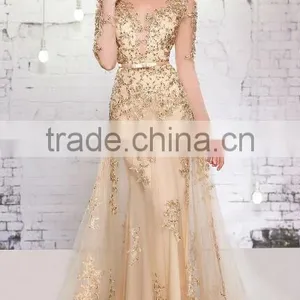 New Gold Long Sleeve Full Length Scoop Neck Evening Dresses for Veiled thumbnail-1