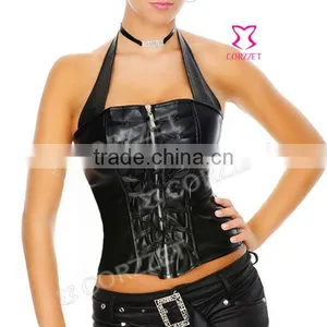 Women Black Neck Leather Corset Tops Cheap And High Quality thumbnail-1