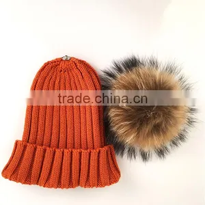 Myfur Orange Warm Ribbed Knit Hat With Natural Raccoon Fur Ball Top thumbnail-3