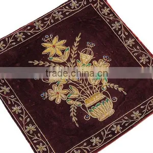 Beautiful Indian Couch Pillow Gold Zardozi Embroidered Unique Decorative Cushion thumbnail-1