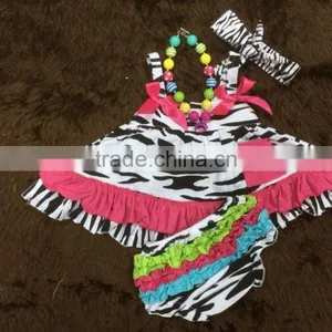 2015 Hot Sell With Hot Pink Zebre Kids Romper With Matching Necklace and Headband thumbnail-1