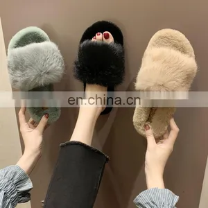 Amazon Wholesale Hot Sale Fashion Factory Price Furry Slides Ladies Faux Fur Fleece Open Toe Slippers Shoes thumbnail-1