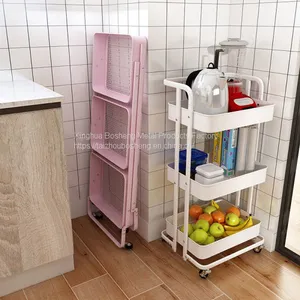 Multi-purpose 3 Tiers Hand Trolley Movable Storage Rack Metal Folding Kitchen Utility Rolling Cart With Wheels thumbnail-1