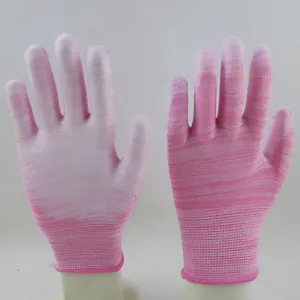 Pink and White Polyester Knitted pu Palm Coated Anti-static Safety Work Gloves thumbnail-1
