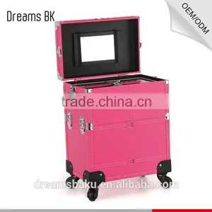 2016 Hot Selling Pink Color Functional Professional Trolley Case Makeup Box Cosmetic Display Case thumbnail-4