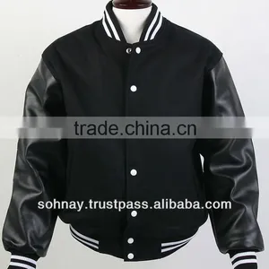 All Black Varsity Jackets Made by Wool Body Leather Sleeves thumbnail-1