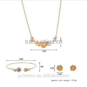 Women's 18k Gold Plated Austrian Crystal Enamel Flower Pendant Necklace Stud Earrings Jewelry Sets thumbnail-3