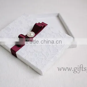 Excellent Lace Fabric Covered Wedding Invitation Boxes With Pearl thumbnail-1