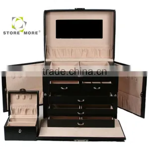 Black Leather Drawer Jewelry Box Travel Case With Lock And Handle thumbnail-2