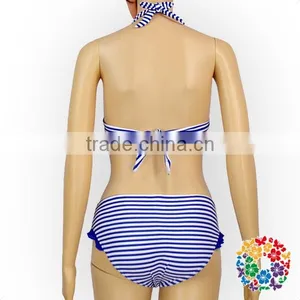 Wholesale Cheap Adult Women Swimsuit Blue White Stripe Bikini Set thumbnail-5