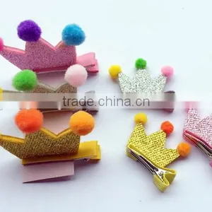 China New Design Cute no Slip Princess Crown Polyester Hair Clips Fabric Hairpin With Sequin Pompon for Bulk Boutique thumbnail-2