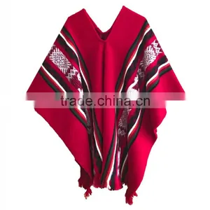 3/4 Sleeve Super Soft Warm Geometric Pattern 100% Llama Wool Poncho thumbnail-2