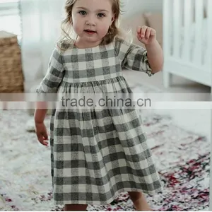 Grey/Cream Check Linen Dress Light Weight Linen Blend Summer Kids Party Dresses thumbnail-1