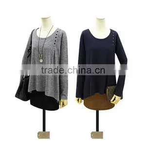 New Design Irregular Two Color Fake Two Pcs Long Sleeve Women Wear Loose T Shirt Water Fall thumbnail-3