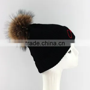 Myfur Letter Embroidery Winter Knitted Beanie Hat Black Unisex Pom Pom Hat thumbnail-1