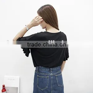 Summer 2017 Han Edition Round Neckline Necklace Lotus Leaf Sleeve Loose Pure Color Short Sleeve T-shirt Bertha thumbnail-5