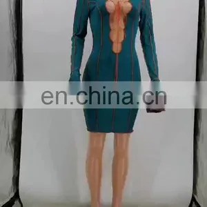 Women Bodycon Dress Long Sleeve Autumn New Arrival Long Sleeve Pit Stripe Solid Color Lace Up Women Dress thumbnail-1