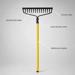 Garden Bow Rake With 14 Steel Tines Yellow Coated Handle For Lawn Dethatching Soil Preparation Outdoor Yard Tool thumbnail-1