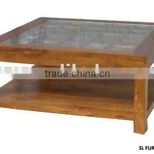 Coffee Table With Glass Top & Solid Shelf - Wooden Coffee Table thumbnail-1