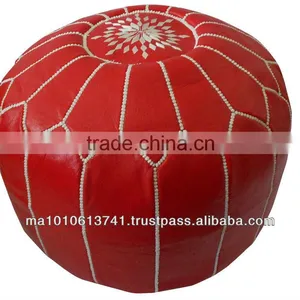 Red Moroccan Leather Pouf Ottoman Footstool Pouffe Ottomans thumbnail-1