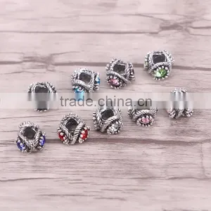 Mix Color Crystal Rhinestone Metal Beads Antique Silver Plated Jewelry Big Hole European Bead Fit Making Charms Bracelet thumbnail-1