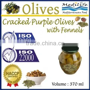 Cracked Purple Olives With Fennels. High Quality 100% Tunisian Table Olives. Cracked Olives 370 ml Glass Jar thumbnail-1