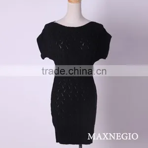 Crocheted Sweater Dress Short Sleeve Black Dress thumbnail-1