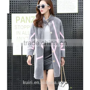 Newest Merino Sheep Shearing Coat Contrast Color Fur One Piece Overcoat Colorant Match Female Medium-long Overcoat thumbnail-5