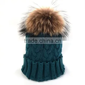 Myfur Teal Green Large Animal Raccoon Fur Bobble Crochet Hat and Cap thumbnail-1