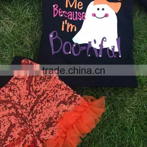 Halloween Gost Sequins Short Outfits Girls Print Suit Long Sleeves Top Set With Matching Necklace and Headbans Set thumbnail-2