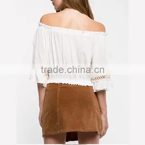 Short Sleeve Plain Textured Woven Women off Shoulder Blouse thumbnail-3