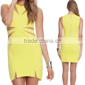Hot Selling Latest Cut Out Dress Plain Yellow Evening Dress Short thumbnail-1