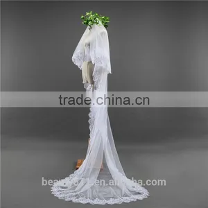 2017 Wholesale Wholesale White Wedding Lace Bridal Veils Fashionable Long Tulle HL09 thumbnail-3