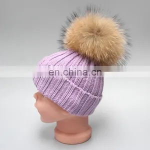 Natural Fur Pompom Hat For Man And Women And Children With Raccoon Ball thumbnail-3