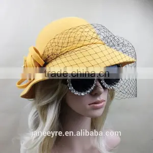 Elegant Veiling Wool Felt Hat With Flower For Women thumbnail-1